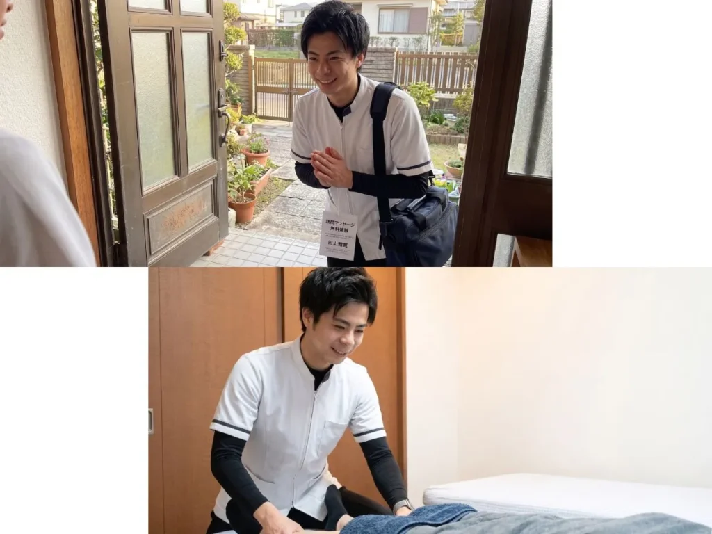 太宰府市・筑紫野市・大野城市で訪問リハビリマッサージで無料体験に伺っている田上代表と施術を受けている患者さん