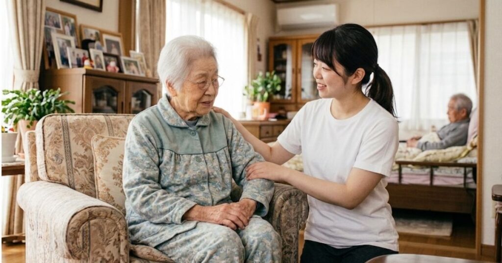 片麻痺の高齢女性の着替えの介助をしている様子