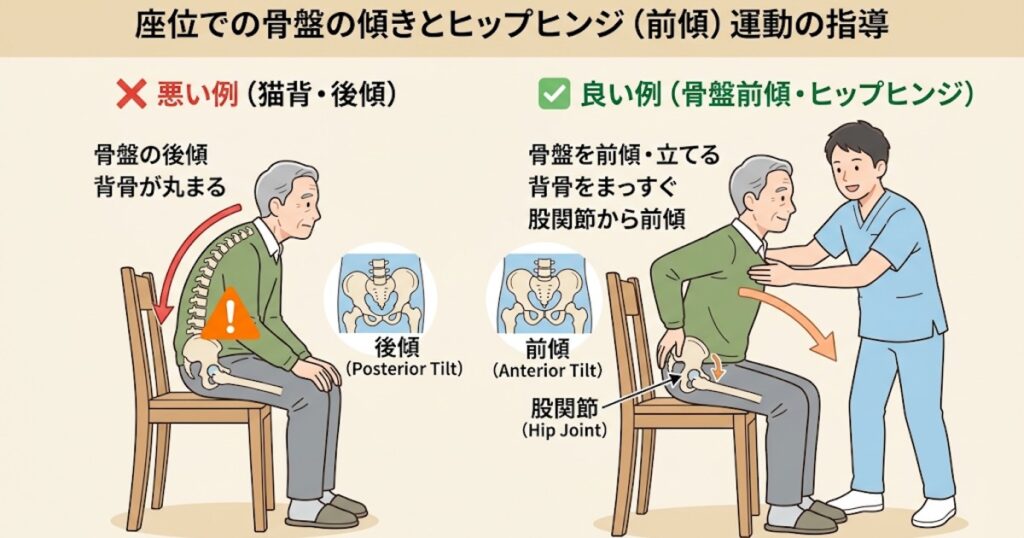 立ち上がりのための骨盤前傾訓練しているイラスト